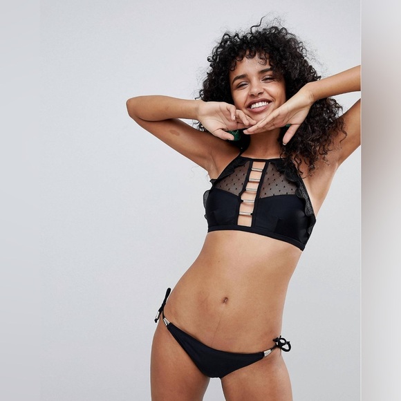 River Island Dobby Mesh High Neck Bikini Top & Tie Side Bikini Brief Size 10 - Picture 1 of 13